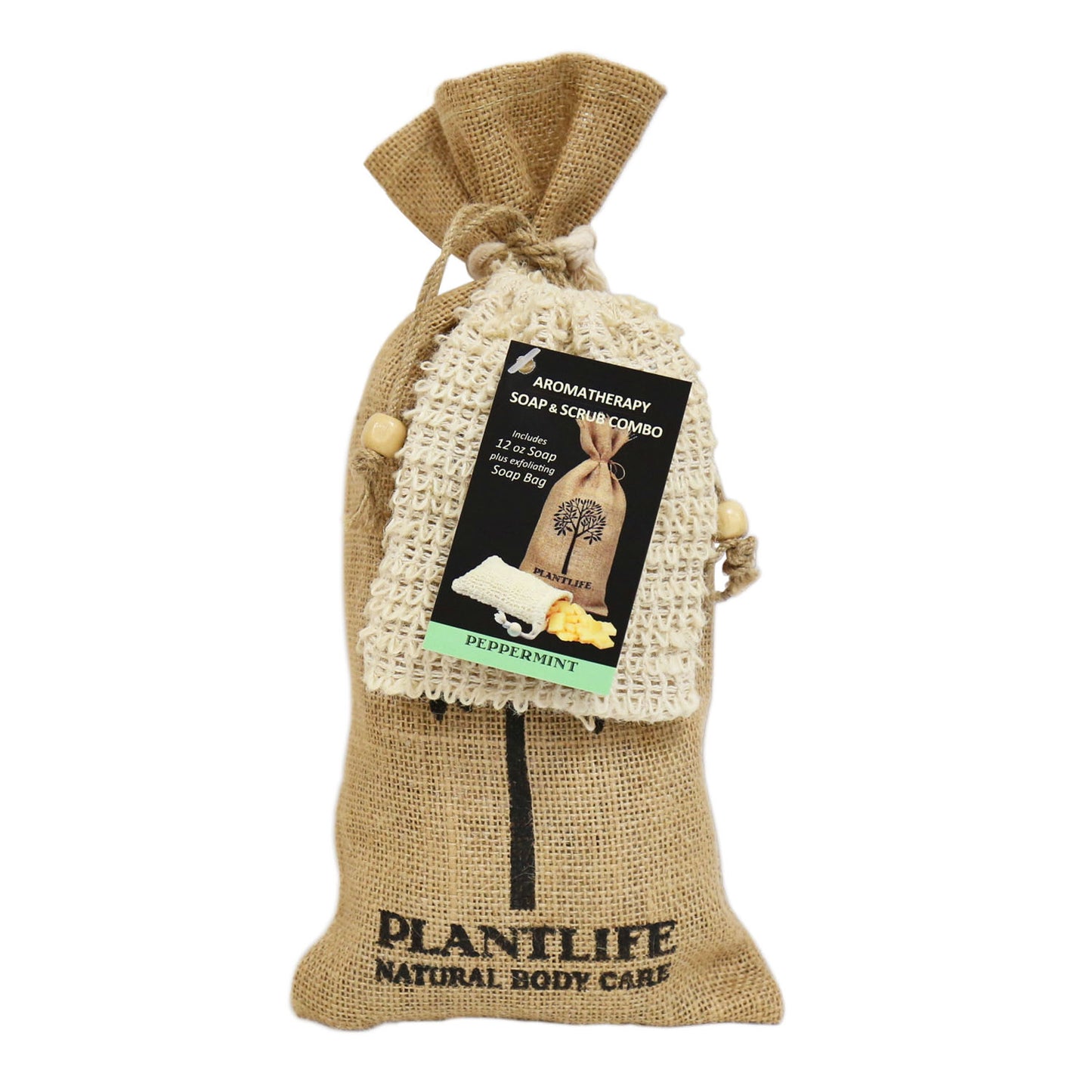 Plantlife Aromatherapy Soap & Scrub Combo in peppermint scent, featuring a 12 oz soap bar inside a natural exfoliating soap bag, packaged in a burlap drawstring pouch.