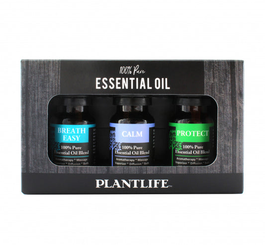 Plantlife Essential Oil Blend 3-Pack with Breathe Easy, Calm, and Protect in black gift box for aromatherapy and wellness