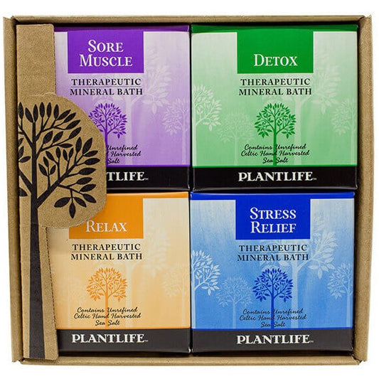 Plantlife Therapeutic Mineral Bath Gift Set with four varieties: Sore Muscle, Detox, Relax, and Stress Relief, boxed in natural kraft packaging.