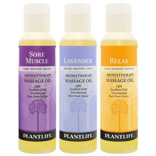 Plantlife massage oil 3-pack with Relax, Sore Muscle, and Rejuvenation aromatherapy blends