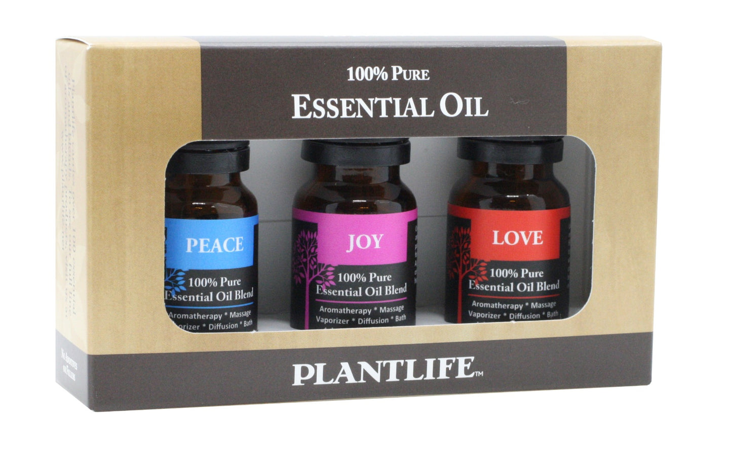 Plantlife Essential Oil Gift Set featuring Peace, Joy, and Love blends in a boxed set for aromatherapy and massage