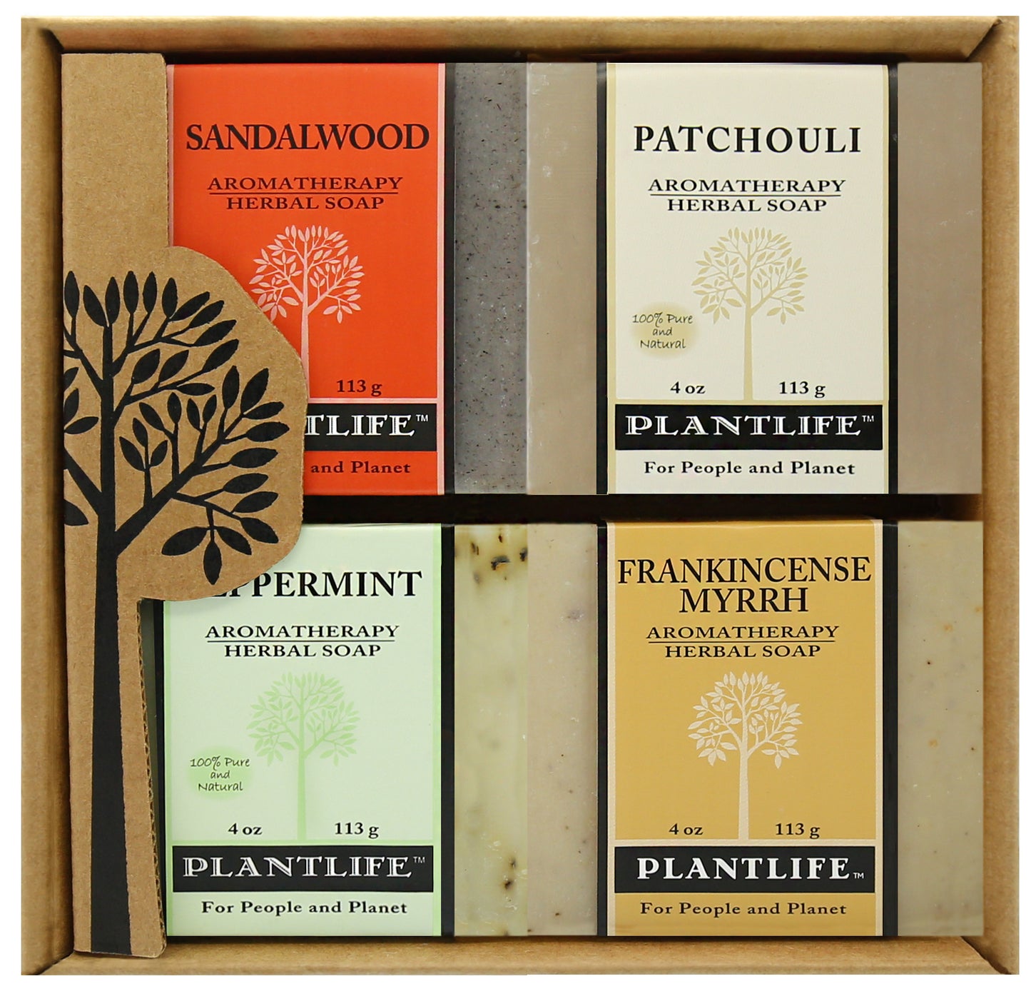 Plantlife Aromatherapy Herbal Soap gift set with Sandalwood, Patchouli, Peppermint, and Frankincense Myrrh 4 oz bars.