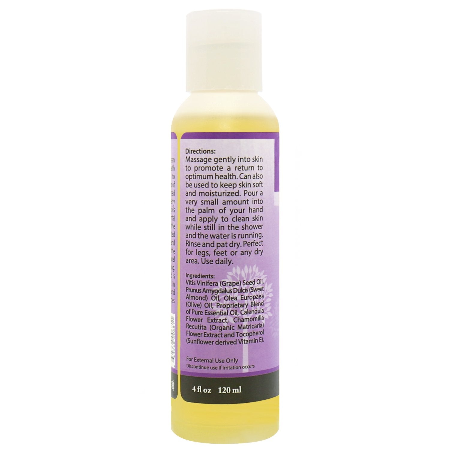 Back of Plantlife Sore Muscle massage oil – ingredients, usage directions, and soothing blend details for tension relief.