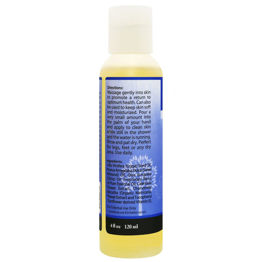 Back of Plantlife Stress Relief massage oil – ingredients, directions, and calming aromatherapy blend information.