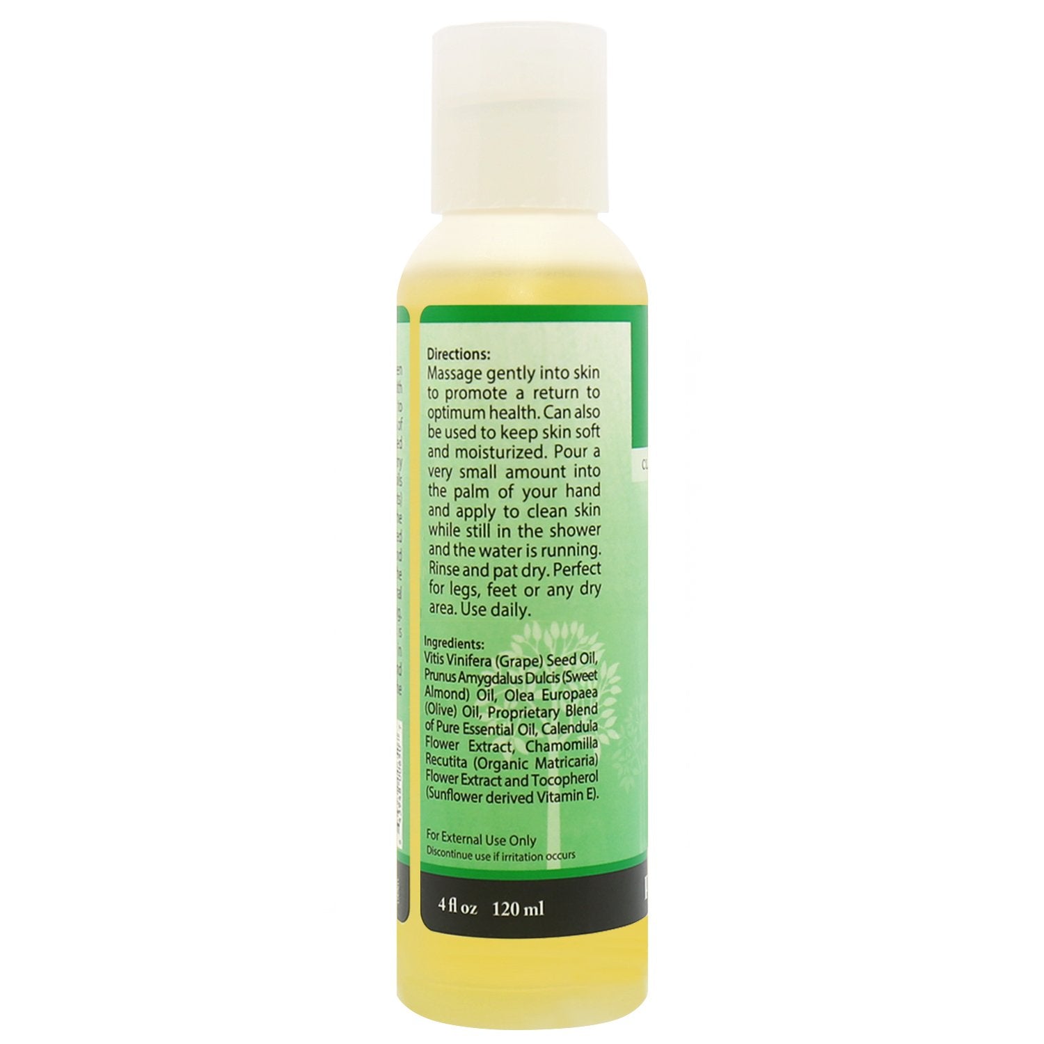 Back of Plantlife Detox massage oil – ingredients, usage directions, and aromatherapy blend details.