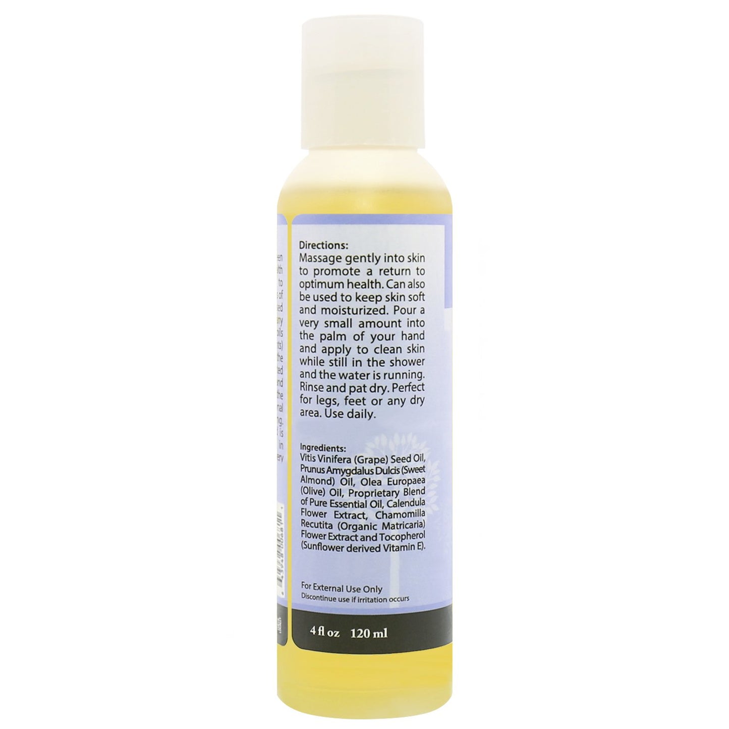 Back of Plantlife Lavender massage oil – ingredients, usage instructions, and calming aromatherapy blend info.
