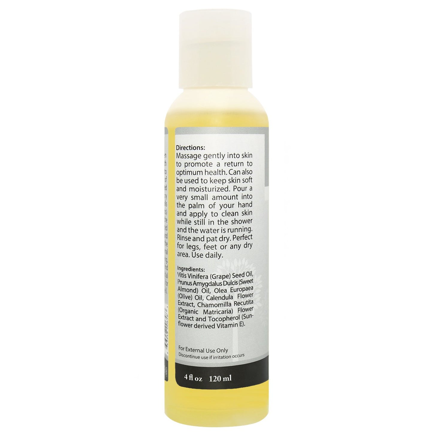 Back of Plantlife Scent Free massage oil – unscented formula ingredients, directions, and product information