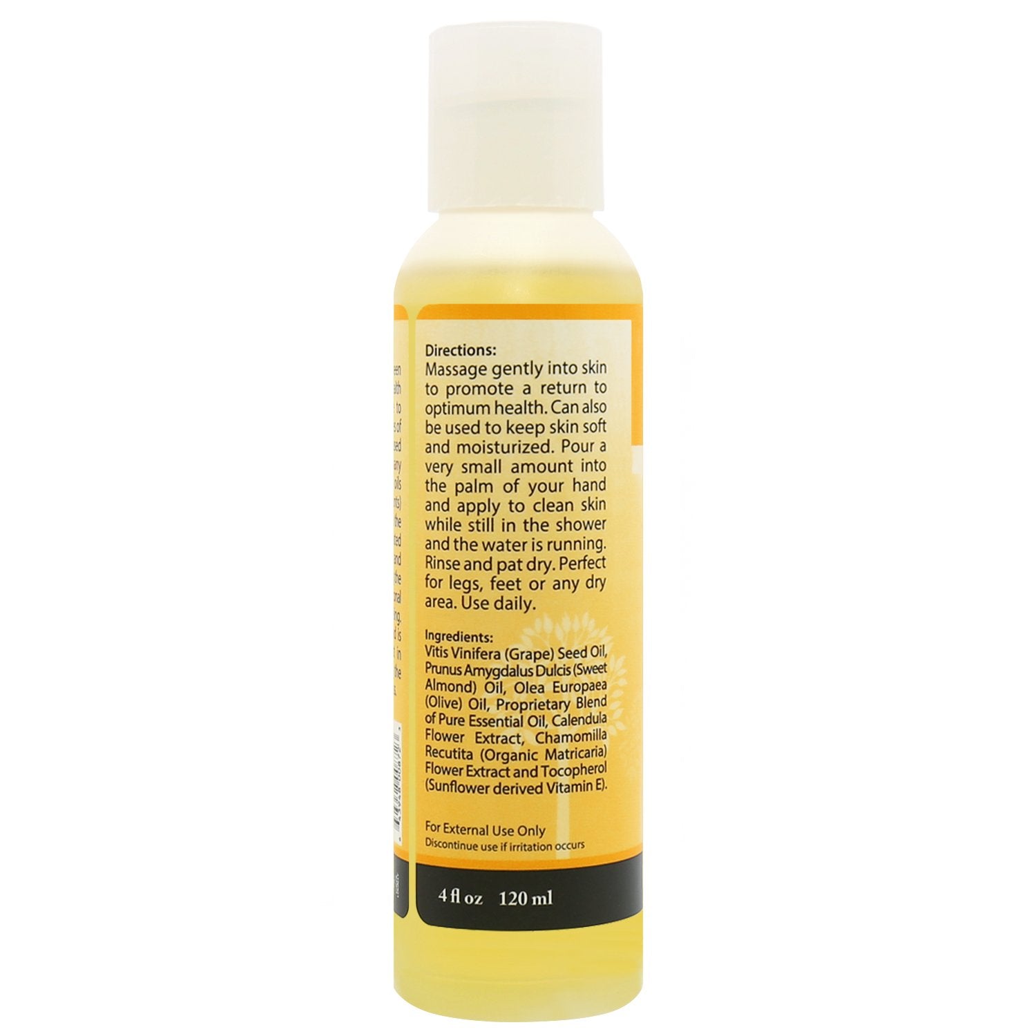 Back of Plantlife Relax massage oil – ingredients, usage directions, and calming aromatherapy blend details