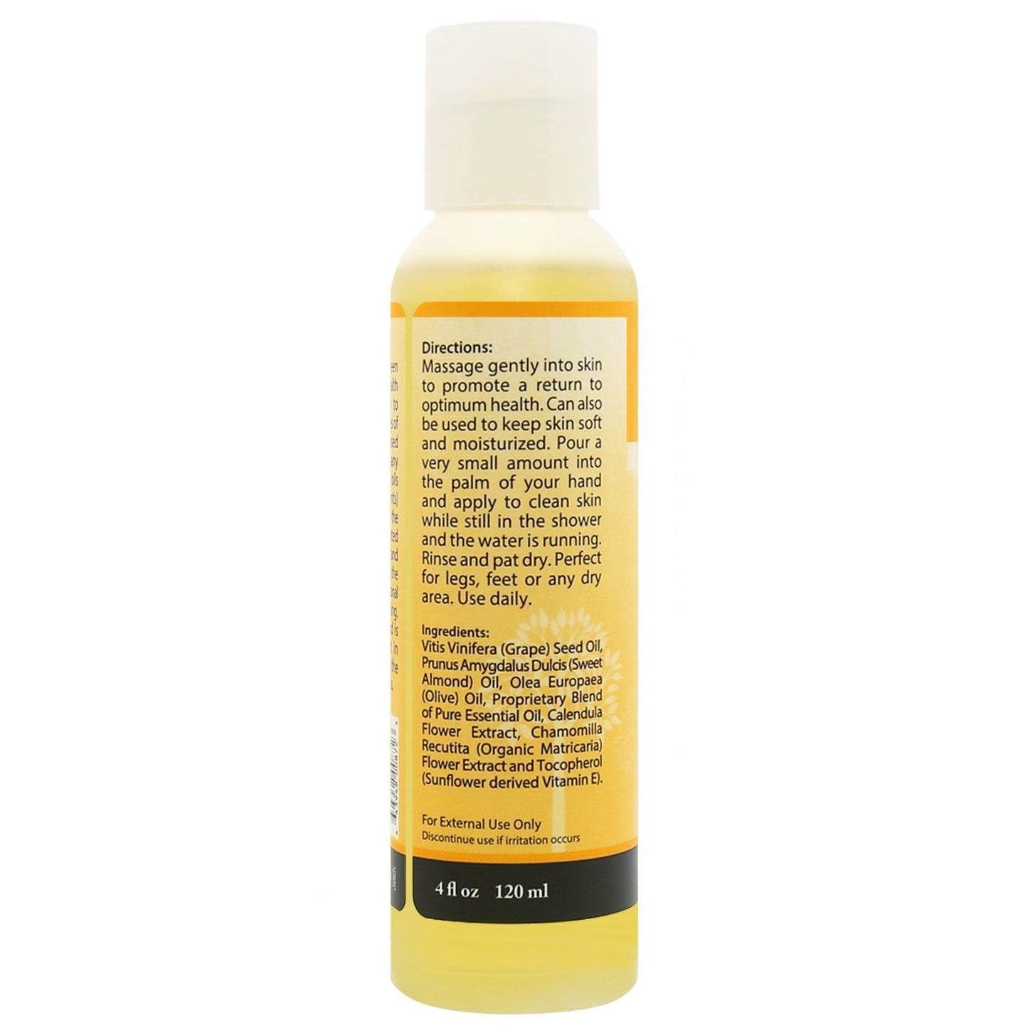 Back of Plantlife Relax massage oil – ingredients, usage directions, and calming aromatherapy blend details