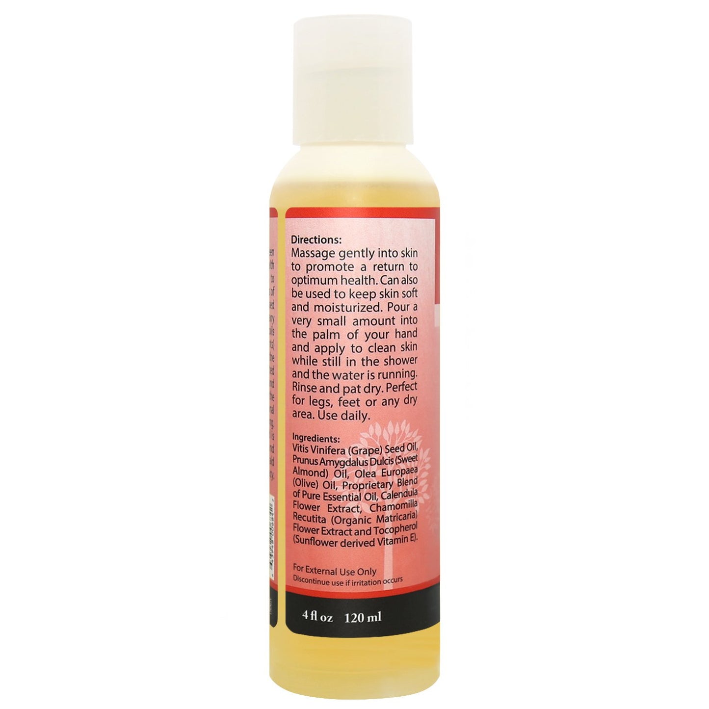 Back of Plantlife Enhance Romance massage oil – ingredients, directions, and sensual aromatherapy blend info