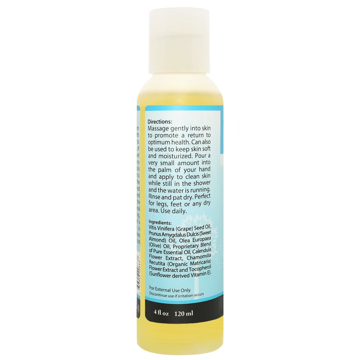 Back of Plantlife Rejuvenate massage oil – ingredients, usage directions, and energizing aromatherapy blend info