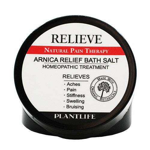 Plantlife Relieve Arnica Relief Bath Salt container featuring natural pain therapy formula made with organic botanicals to ease aches, stiffness, swelling, and bruising.