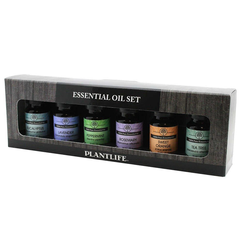 Plantlife Essential Oil Gift Set with six 10ml bottles: Eucalyptus, Lavender, Peppermint, Rosemary, Sweet Orange, and Tea Tree, packaged in a sleek black woodgrain box.