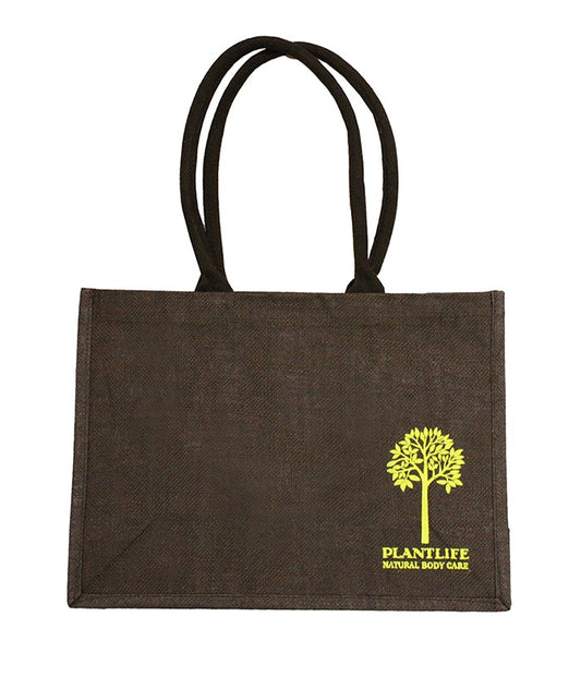 Plantlife Jute Tote Bag made of natural woven fiber with sturdy handles, eco-friendly design, and roomy interior for carrying wellness or skincare products.