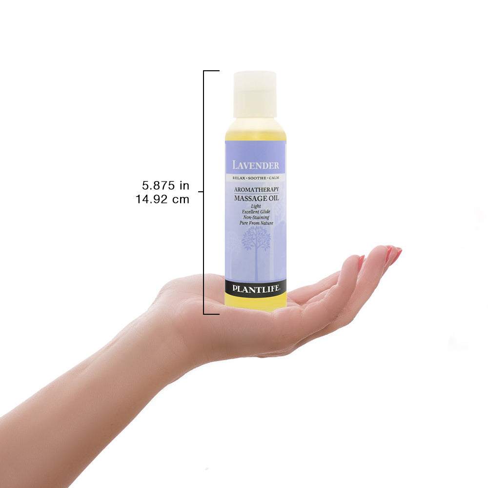 Plantlife Lavender massage oil bottle shown with scale for size and product reference