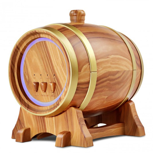 Plantlife Barrel Ultrasonic Diffuser β wood-grain essential oil diffuser with soft LED lighting, cool mist, and timer settings.