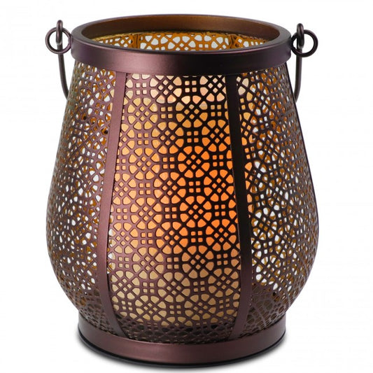 Plantlife Moroccan-Style Metal Lantern Diffuser β ultrasonic essential oil diffuser with warm amber glow and intricate cutout design.
