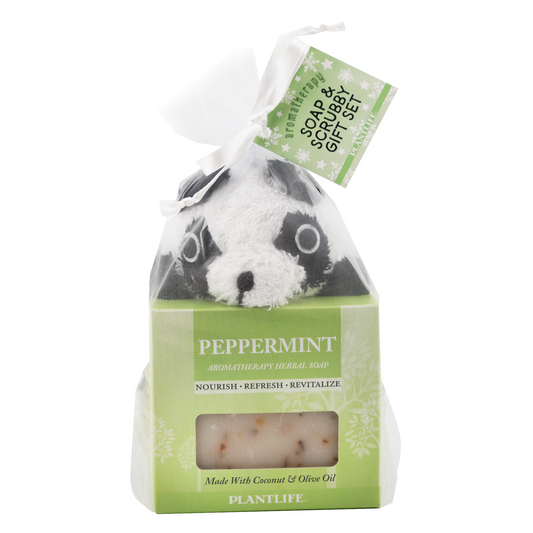 Plantlife Peppermint Soap and Scrubby Gift Set featuring aromatherapy herbal soap and panda-shaped scrubby in a white organza bag