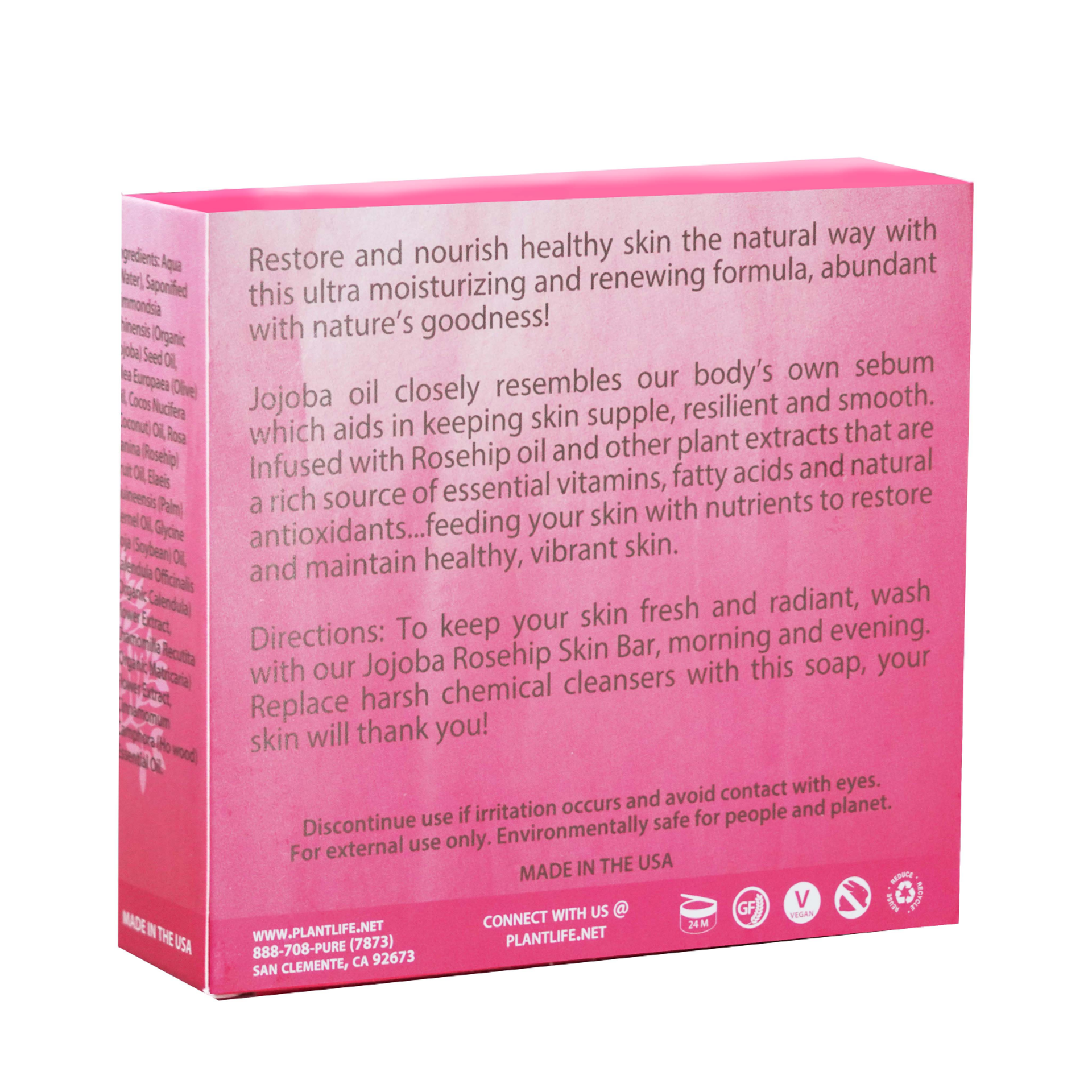 Back of Plantlife Jojoba Rosehip Skin Bar packaging with product benefits, usage directions, and company information; promotes natural moisturizing with jojoba and rosehip oils, made in the USA, vegan and gluten-free.