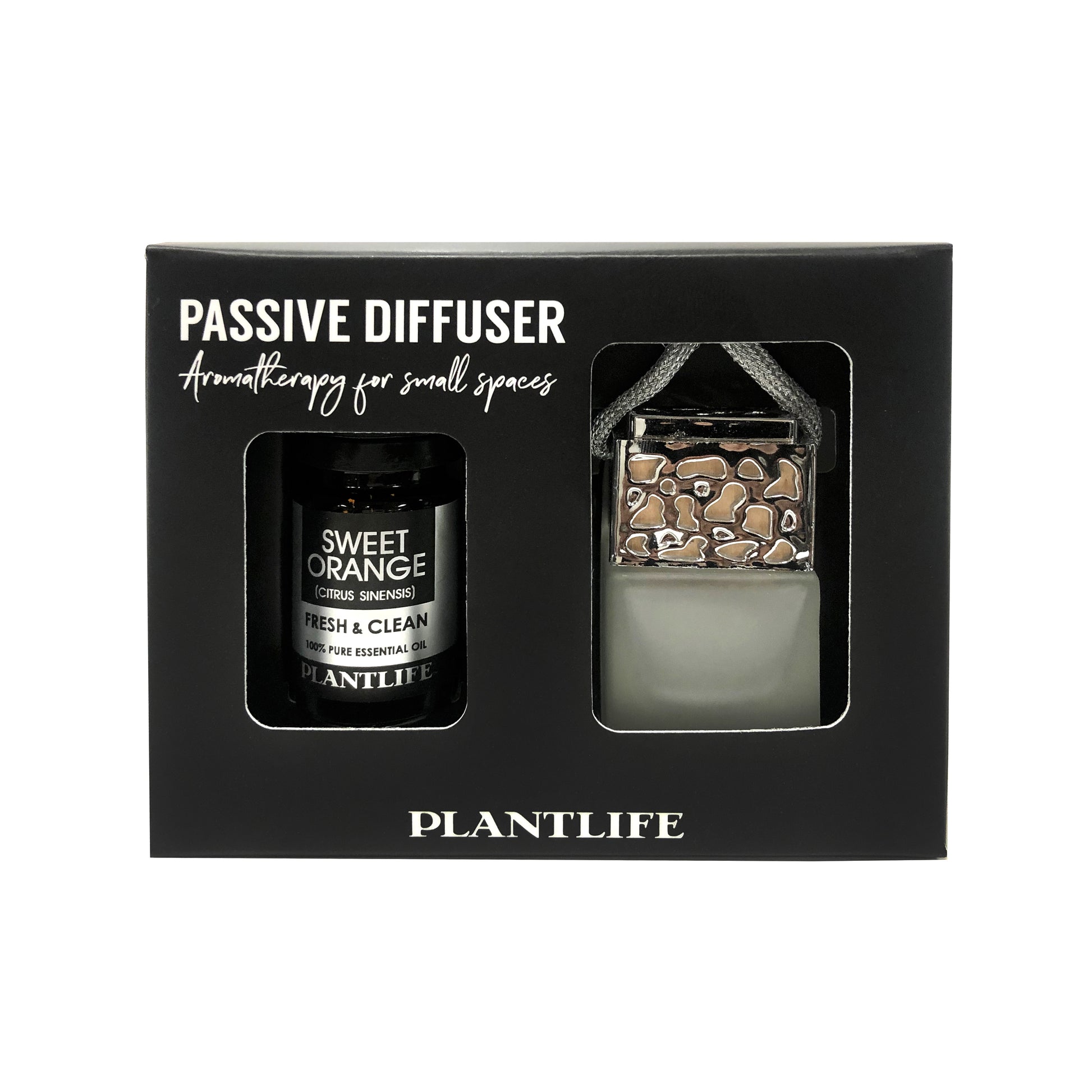 Plantlife Silver Passive Diffuser with Sweet Orange essential oil – stylish hanging air freshener for car or small spaces.