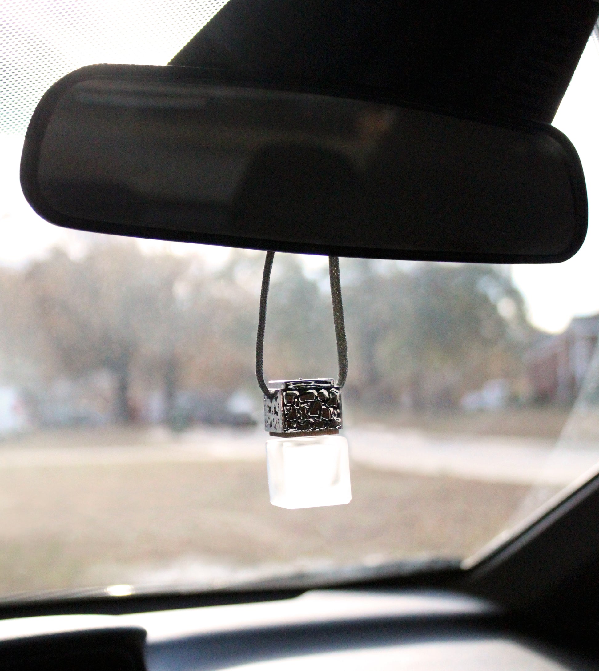 Silver Passive Diffuser from Plantlife hanging on rearview mirror – natural air freshener for cars or small spaces.