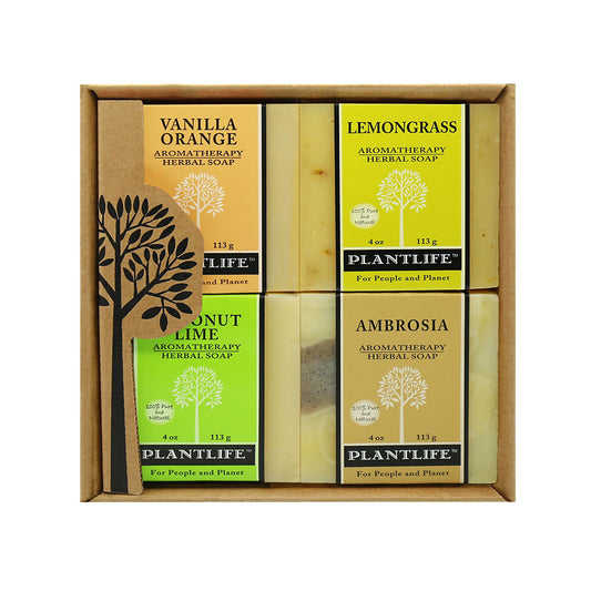 Plantlife Aromatherapy Herbal Soap Gift Set with four 4oz bars in Vanilla Orange, Lemongrass, Coconut Lime, and Ambrosia scents in a kraft gift box.