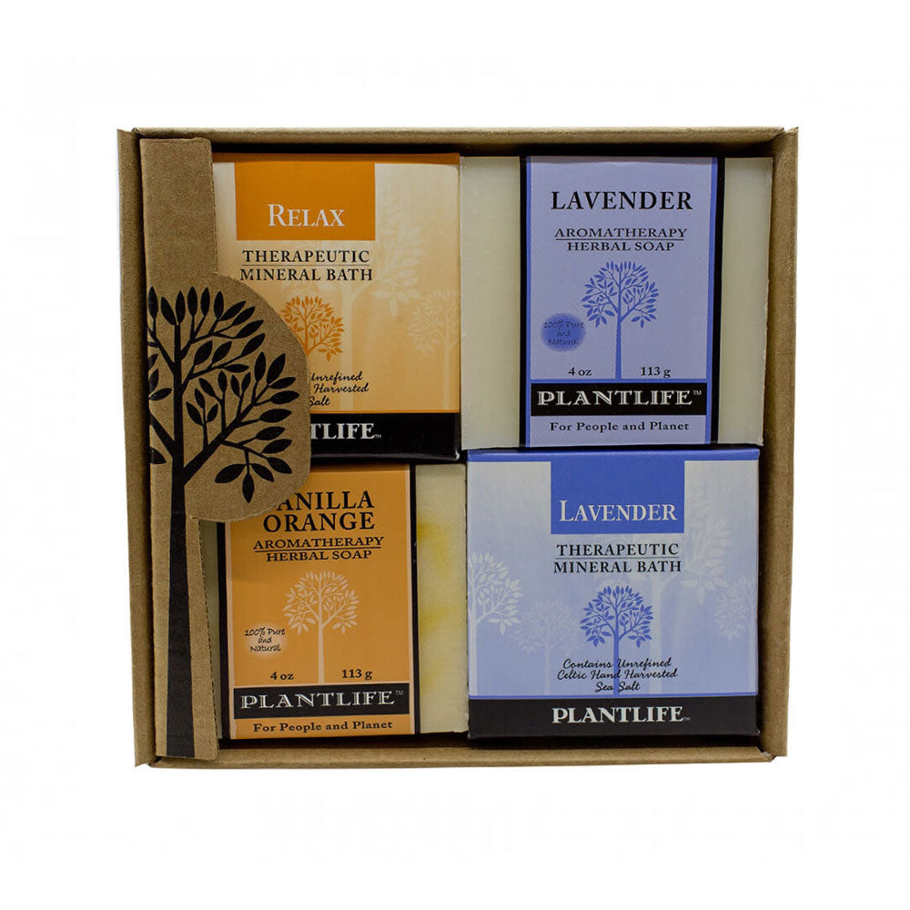 Plantlife gift set featuring Relax Mineral Bath, Lavender Mineral Bath, Lavender Aromatherapy Herbal Soap, and Vanilla Orange Aromatherapy Herbal Soap.