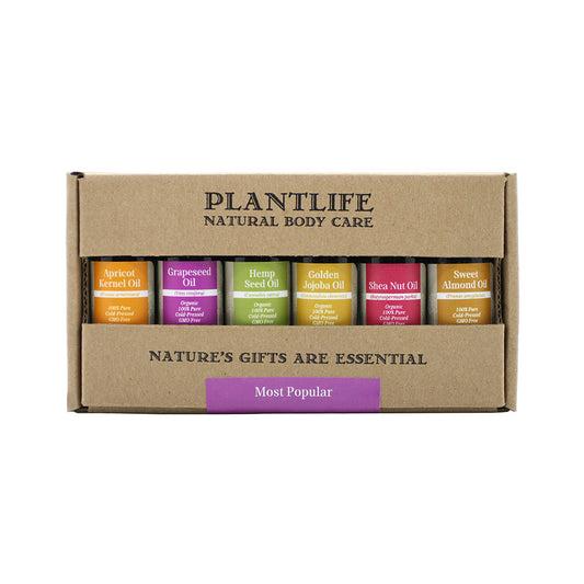 Plantlife Most Popular Carrier Oil Gift Set with six 10ml bottles: Apricot Kernel, Grapeseed, Hemp Seed, Golden Jojoba, Shea Nut, and Sweet Almond oils in a kraft box.