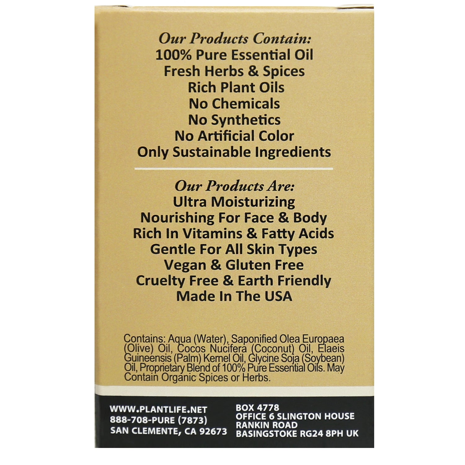 Back of Plantlife Ambrosia travel size soap box listing product benefits such as vegan, cruelty-free, ultra-moisturizing, and made with essential oils, herbs, and sustainable ingredients.