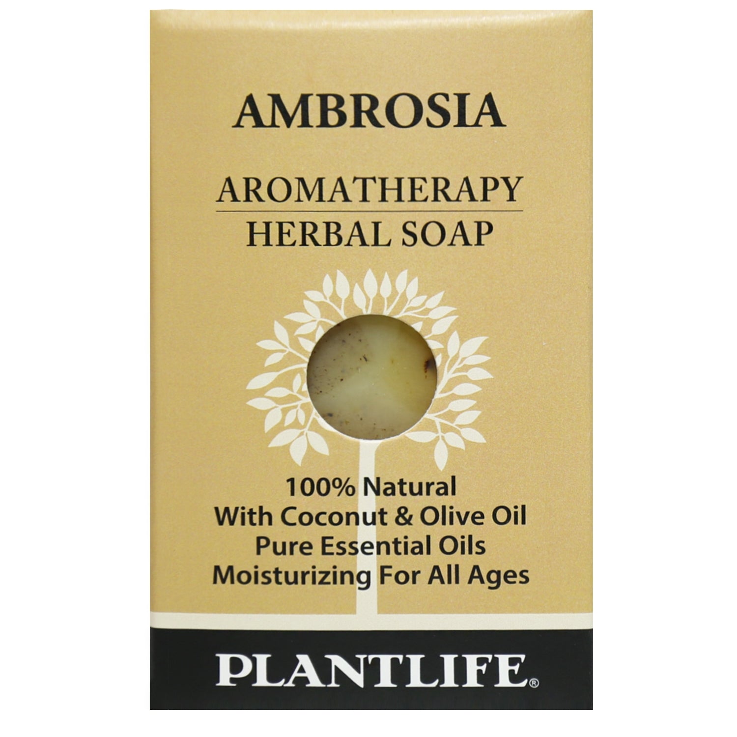 Plantlife Ambrosia Aromatherapy Herbal Soap in travel size packaging; features window cutout showing the soap, with text highlighting coconut and olive oil, pure essential oils, and moisturizing benefits.