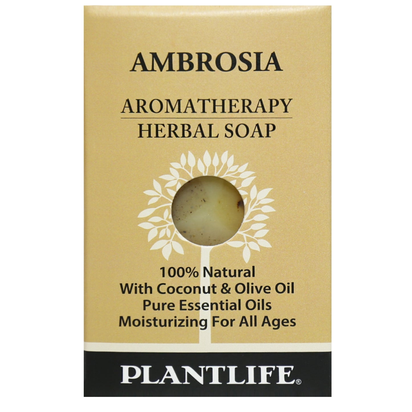 Plantlife Ambrosia Aromatherapy Herbal Soap in travel size packaging; features window cutout showing the soap, with text highlighting coconut and olive oil, pure essential oils, and moisturizing benefits.