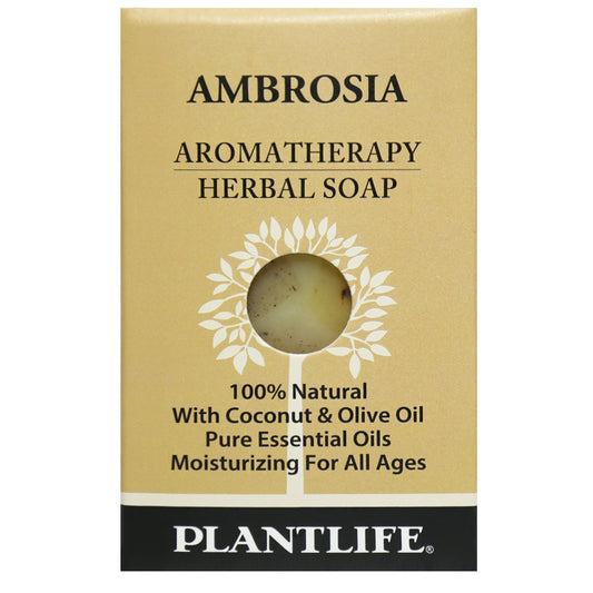 Plantlife Ambrosia Aromatherapy Herbal Soap in travel size packaging; features window cutout showing the soap, with text highlighting coconut and olive oil, pure essential oils, and moisturizing benefits.