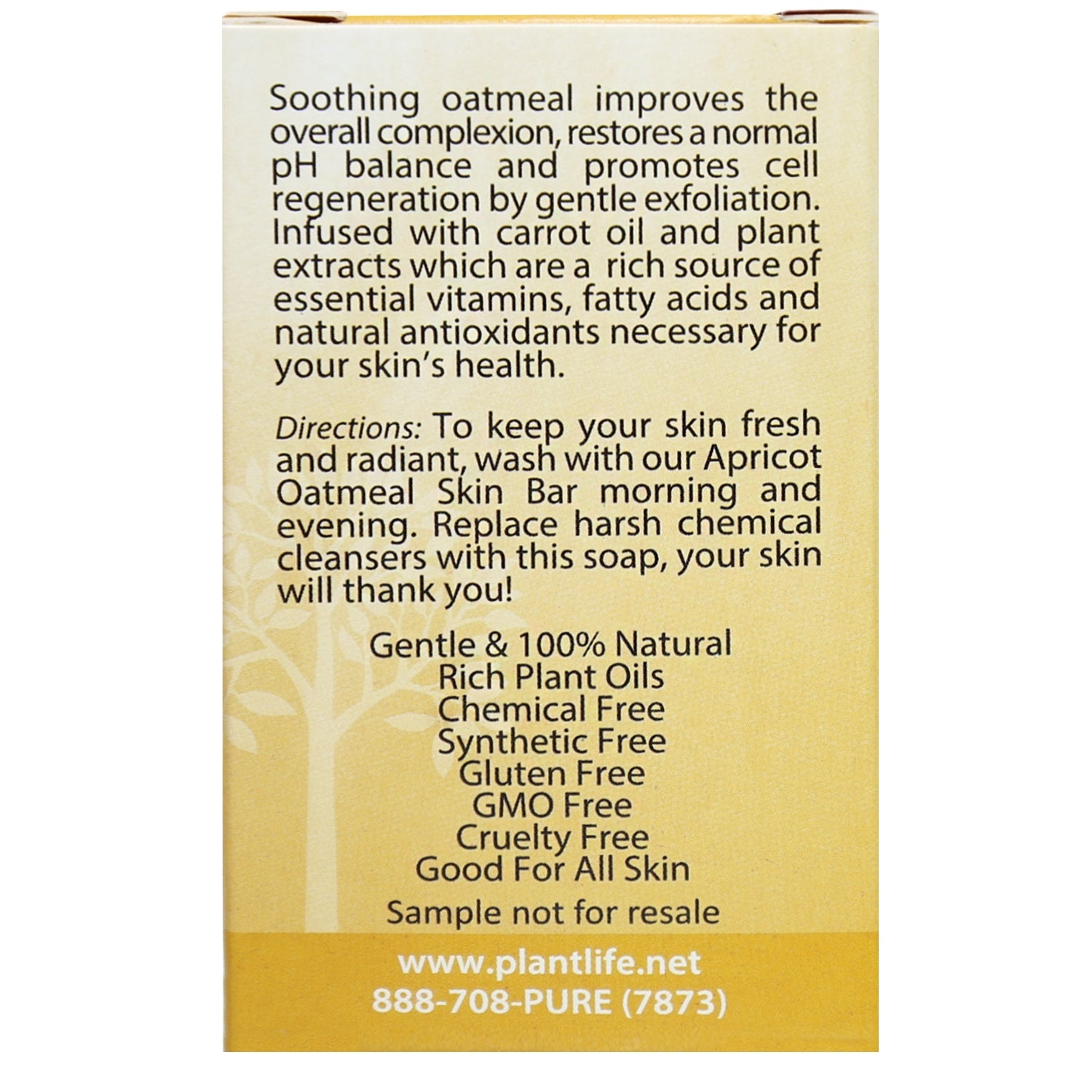 Back of Plantlife Apricot Oatmeal Skin Bar packaging with directions for use and product benefits including gentle exfoliation, pH balance support, and natural ingredients like carrot oil and plant extracts.