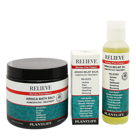 Plantlife Relieve Natural Pain Therapy set including Arnica Bath Salt, Arnica Relief Balm, and Arnica Relief Oil for aches, stiffness, swelling, and bruising relief
