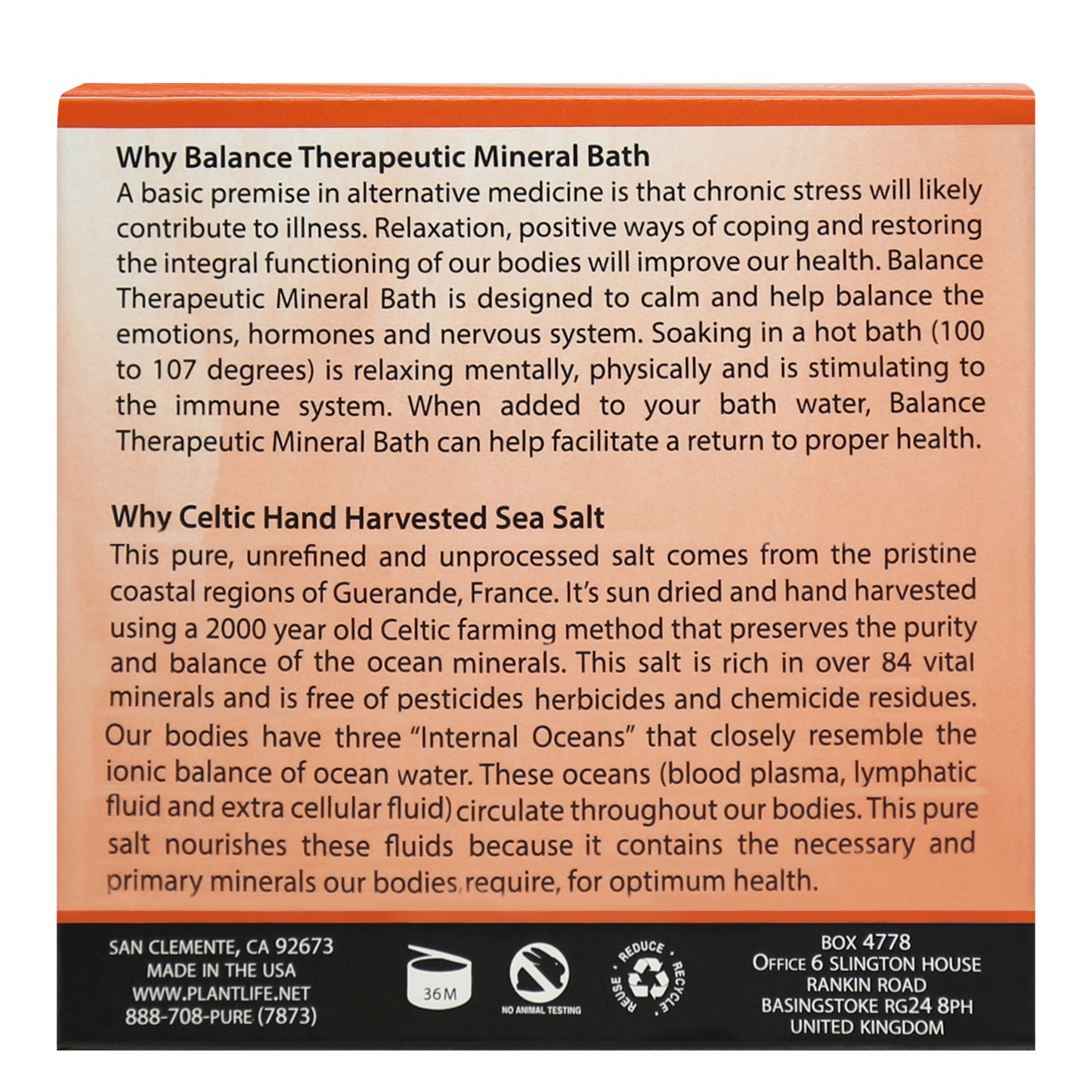 Back label of Plantlife Balance Therapeutic Mineral Bath describing emotional wellness support and Celtic hand harvested sea salt benefits