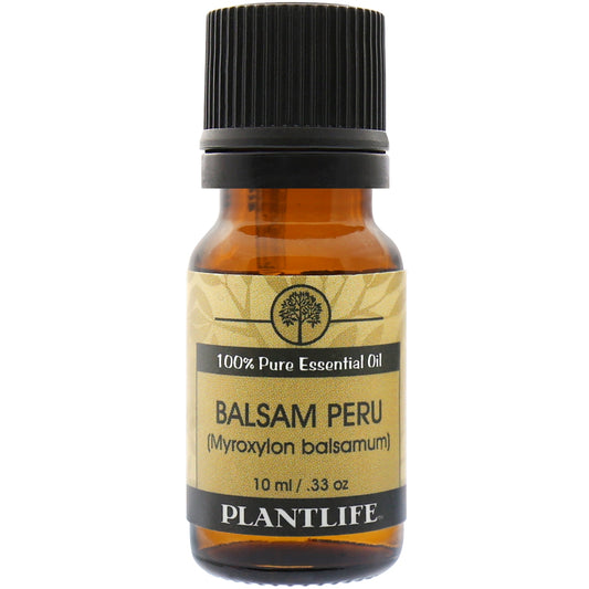 Plantlife Balsam Peru Essential Oil bottle with sweet, balsamic aroma