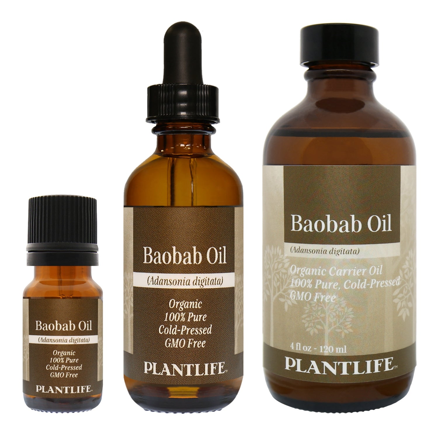 Amber glass bottle of 100% pure Baobab Oil by Plantlife
