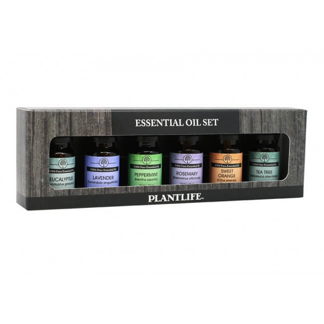 Plantlife Essential Oil Set featuring six 100% pure oils: Eucalyptus, Lavender, Peppermint, Rosemary, Sweet Orange, and Tea Tree in a black woodgrain gift box