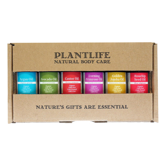Plantlife Organic Carrier Oil 6-Pack with argan, avocado, castor, evening primrose, golden jojoba, and rosehip seed oils in kraft gift box