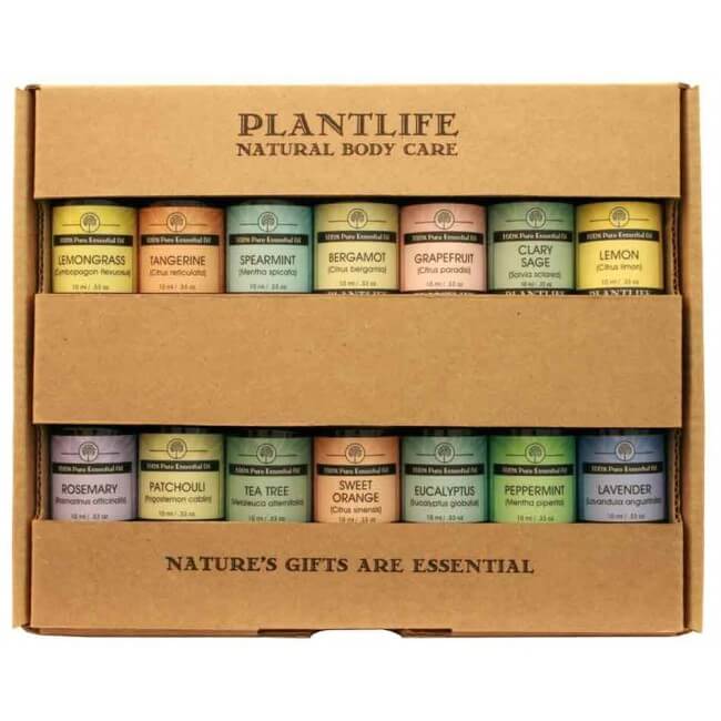 Plantlife 14-pack essential oils set includes 10ml bottles of popular oils like Lemongrass, Lavender, Tea Tree, Peppermint, and more. Perfect for aromatherapy!