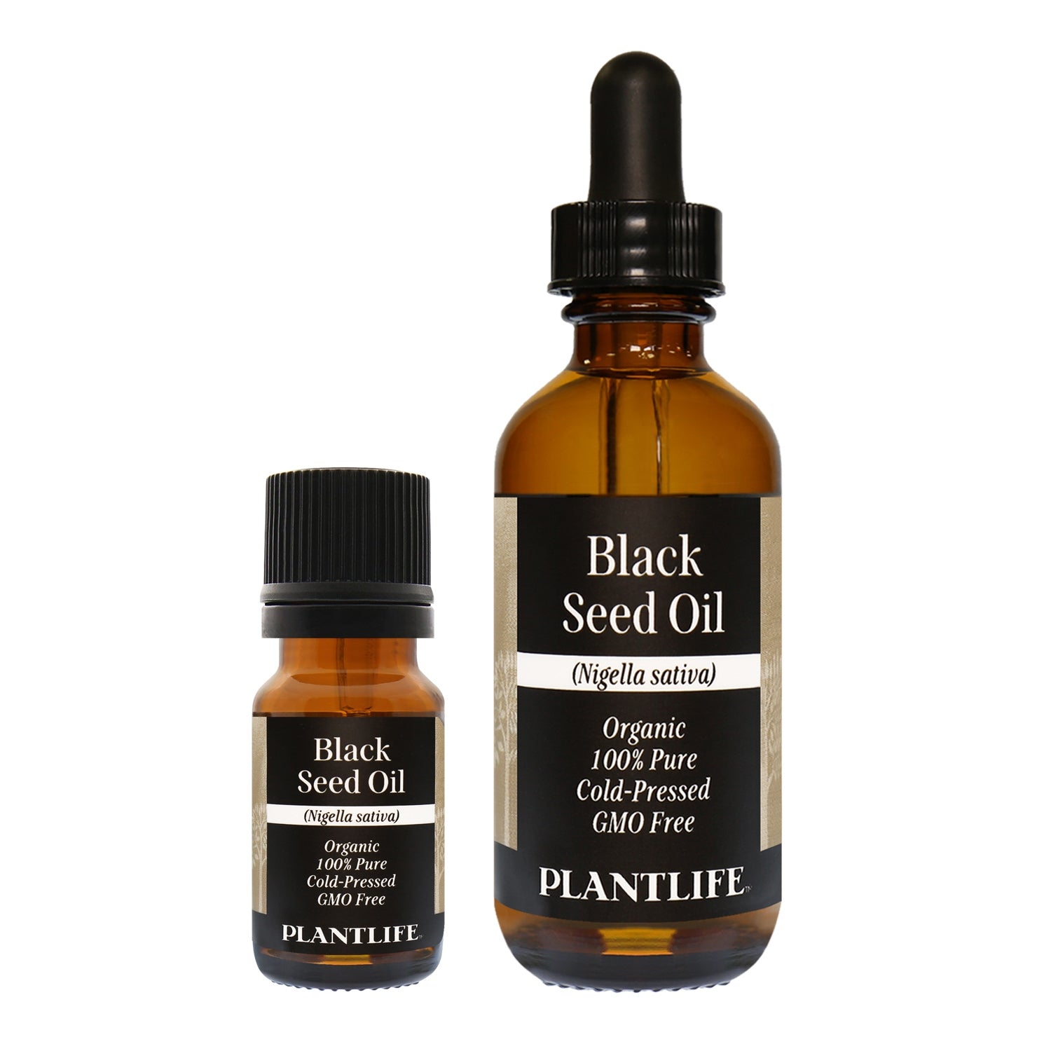 Amber glass bottle of 100% pure Black Seed Oil by Plantlife