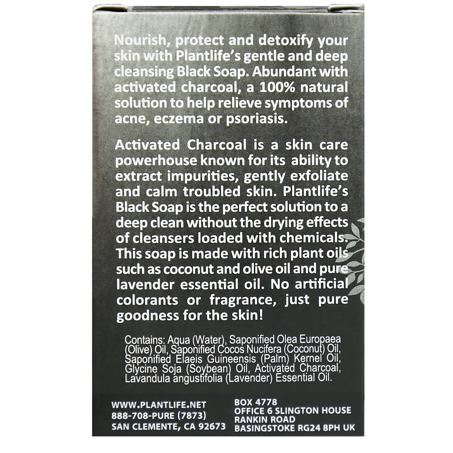 Back of Plantlife Black Soap travel size packaging showing product description, directions, and brand information including ingredients and usage instructions.