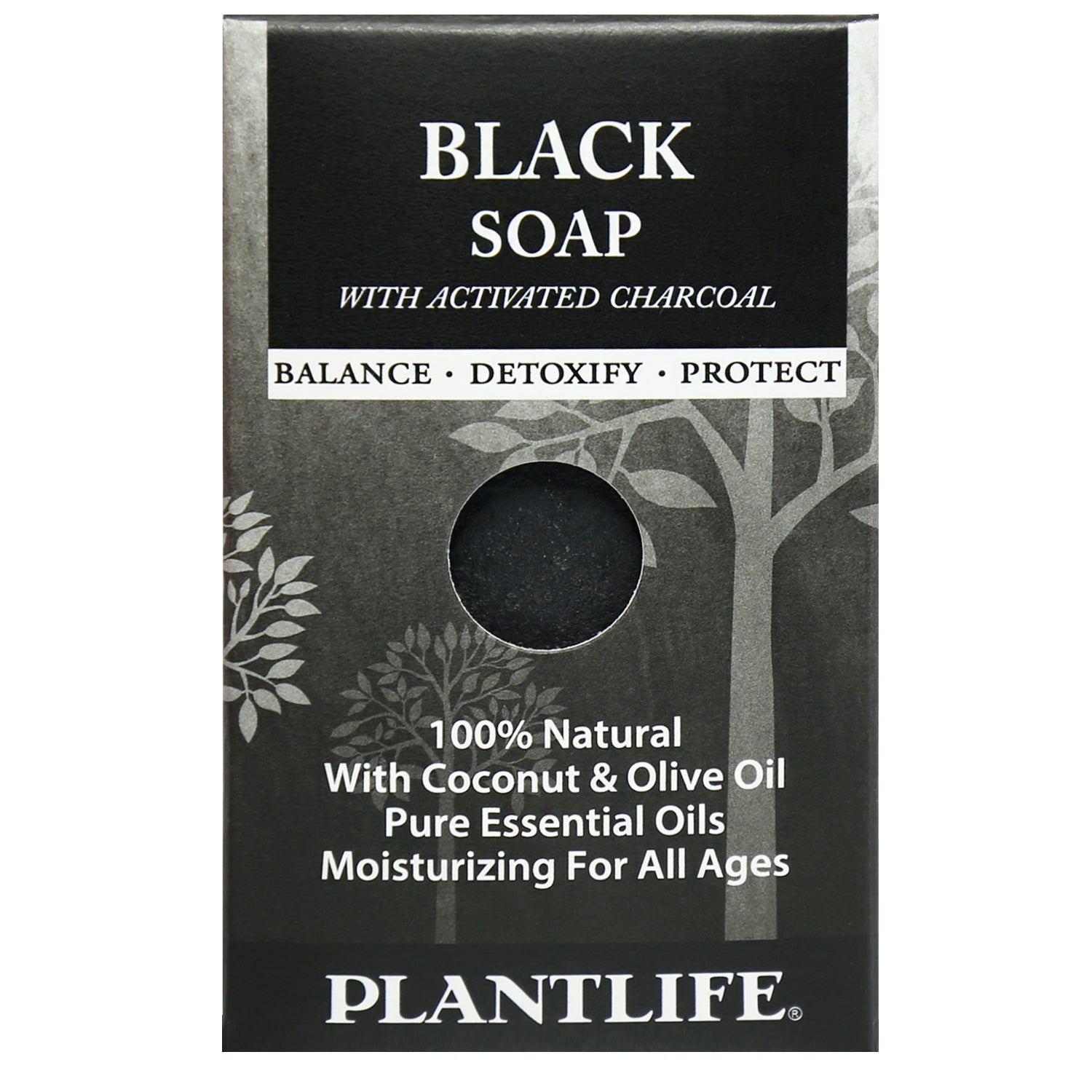 Plantlife Black Soap travel size bar, a natural herbal soap made with plant-based ingredients for deep cleansing and skin detoxification.