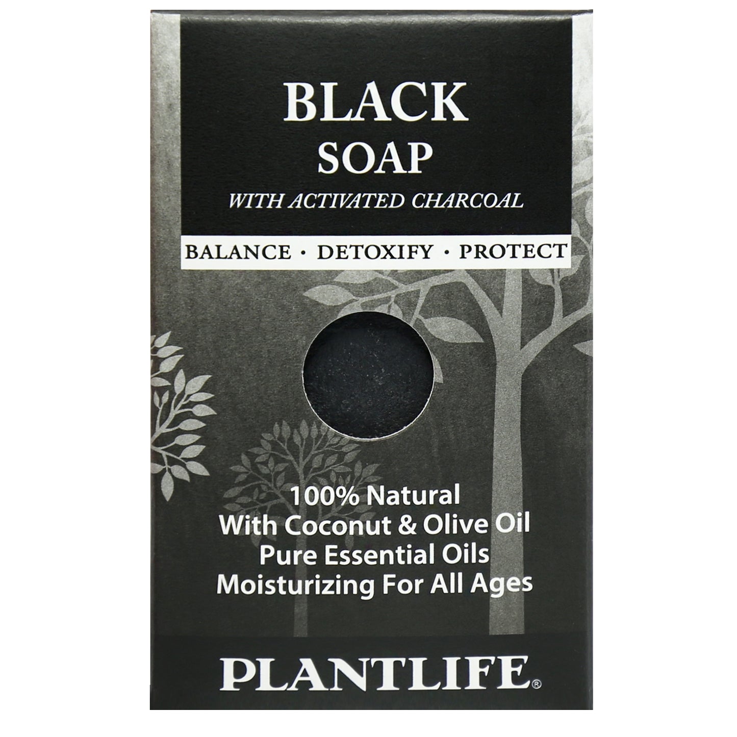 Plantlife Black Soap travel size bar, a natural herbal soap made with plant-based ingredients for deep cleansing and skin detoxification.
