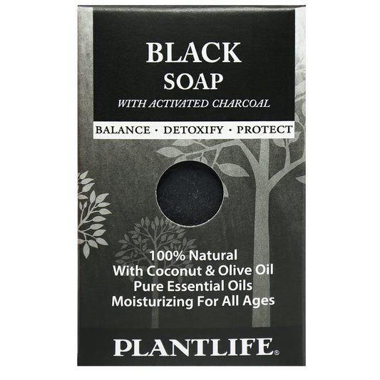 Plantlife Black Soap travel size bar, a natural herbal soap made with plant-based ingredients for deep cleansing and skin detoxification.
