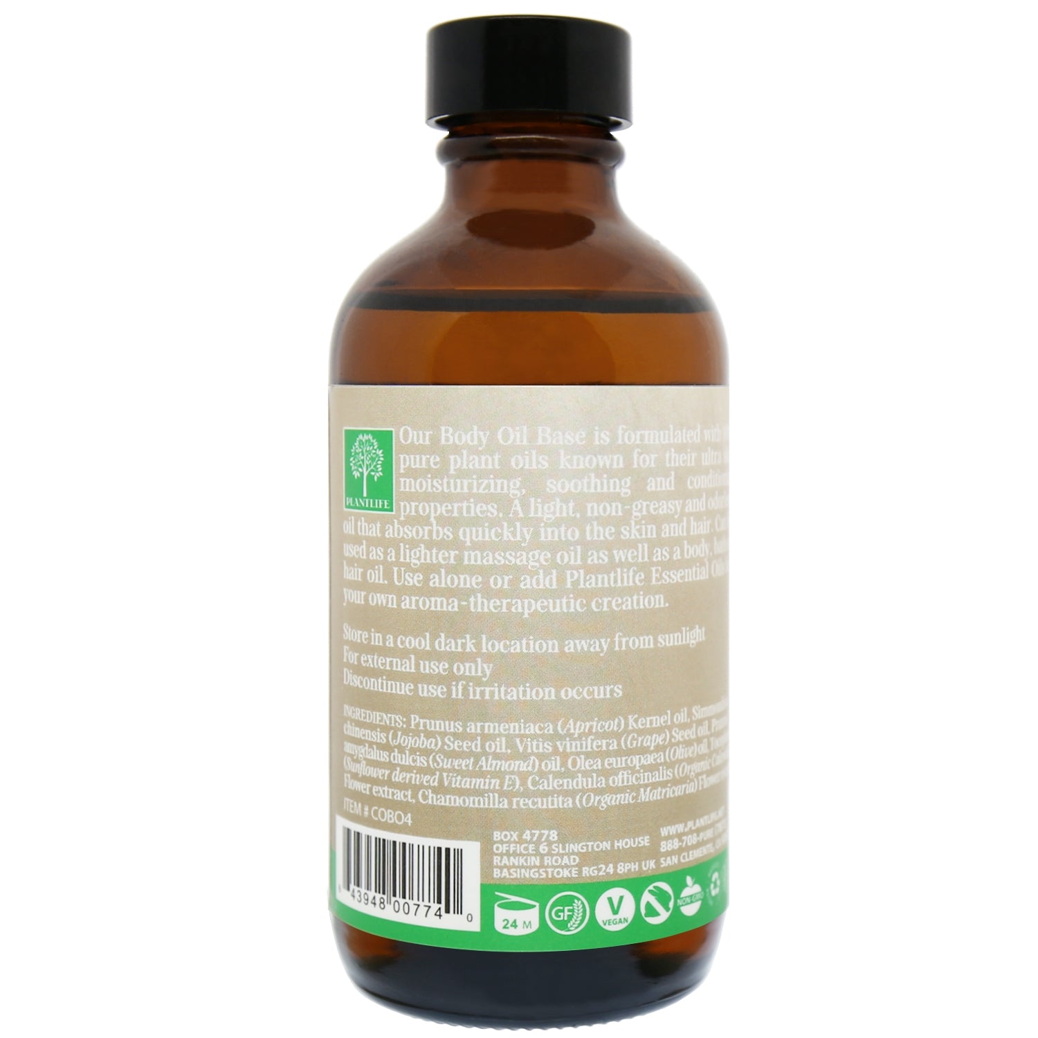 Back label of Plantlife Body Oil Base 120ml amber glass bottle showing usage instructions, ingredients (apricot, jojoba, grape seed, almond, olive, sunflower oils, calendula, chamomile), and certification icons.