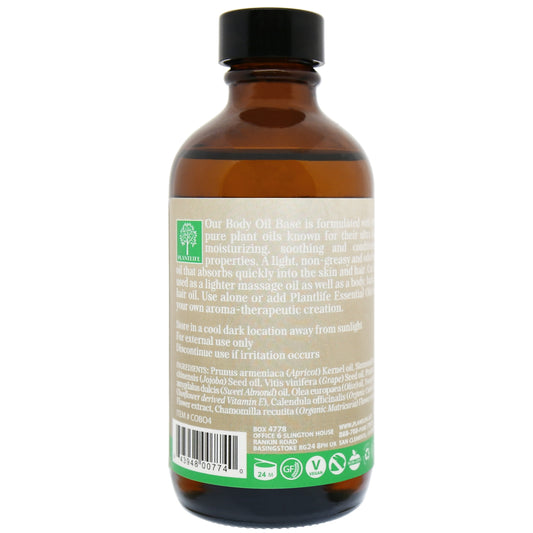 Back label of Plantlife Body Oil Base 120ml amber glass bottle showing usage instructions, ingredients (apricot, jojoba, grape seed, almond, olive, sunflower oils, calendula, chamomile), and certification icons.