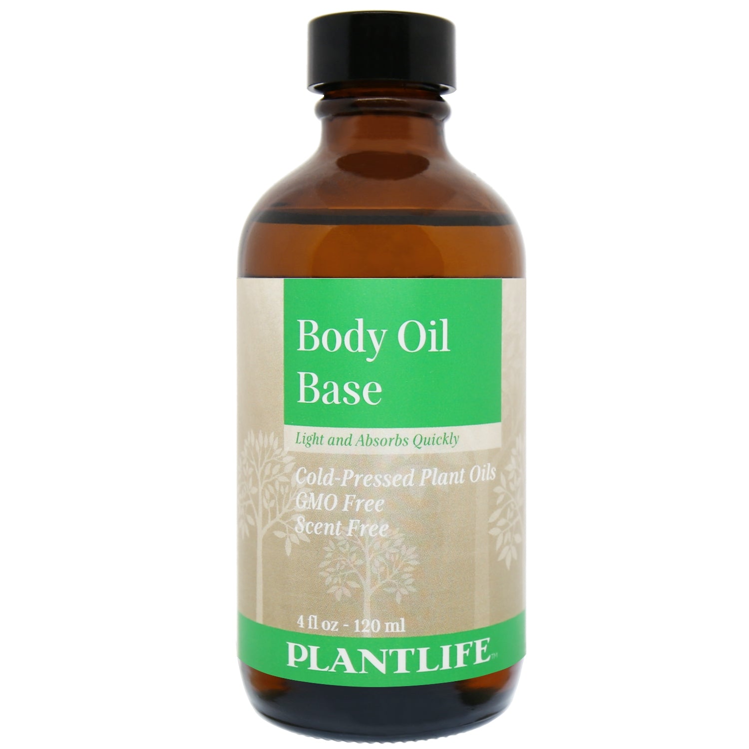 Plantlife Body Oil Base in a 120ml amber glass bottle – scent-free blend of cold-pressed plant oils for quick absorption and customizable skincare.