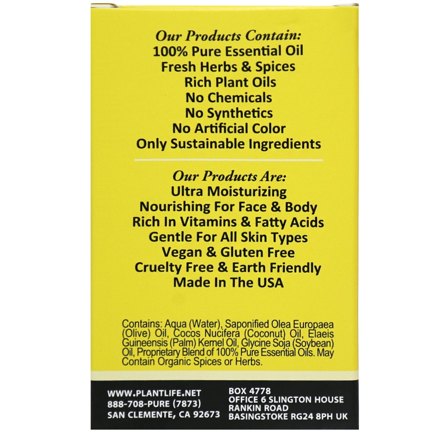 Back label of Plantlife Cassia Clove Herbal Soap showing ingredients and product details