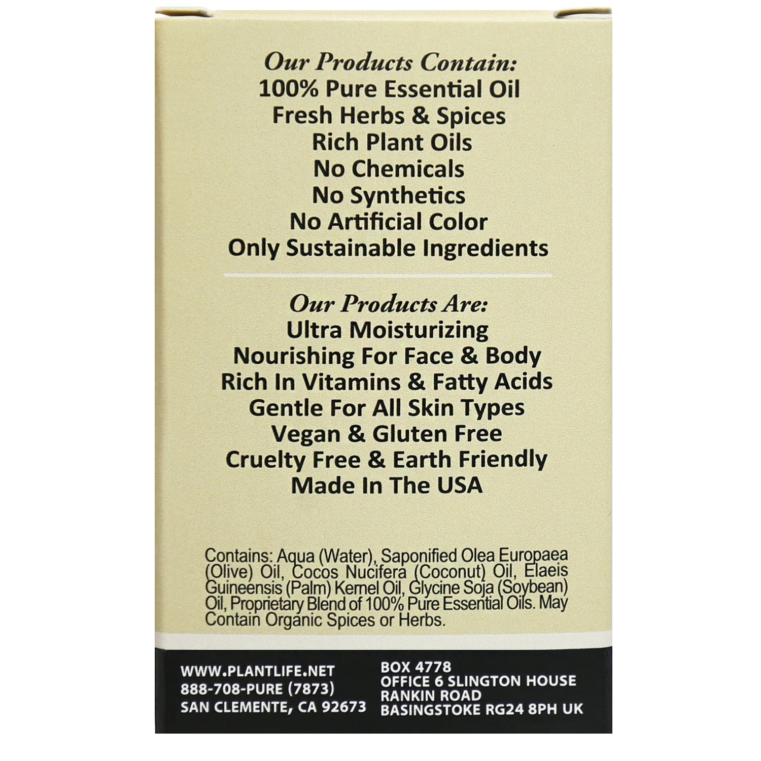 Back of Plantlife Cedarwood Herbal Soap highlighting ingredients and essential oil content